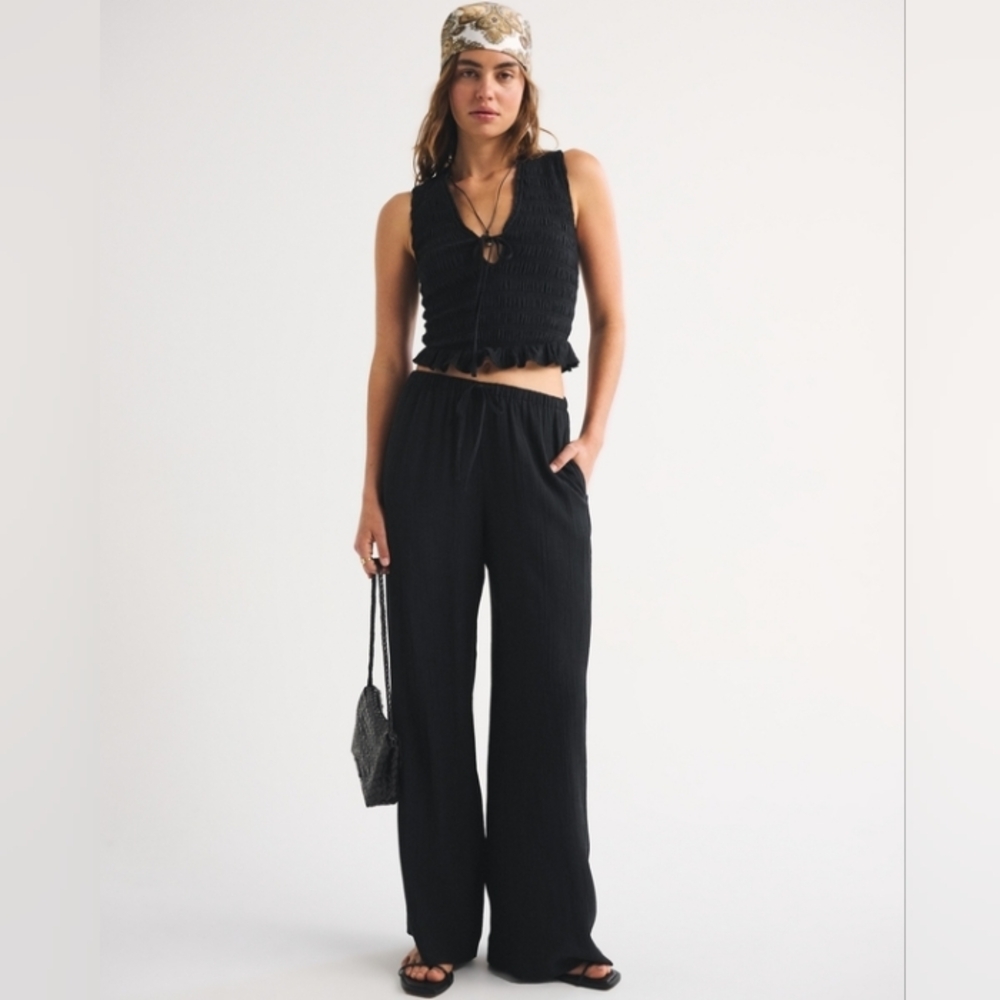 Vintage Ghost Black Crinkle Crepe Pull On Pants M